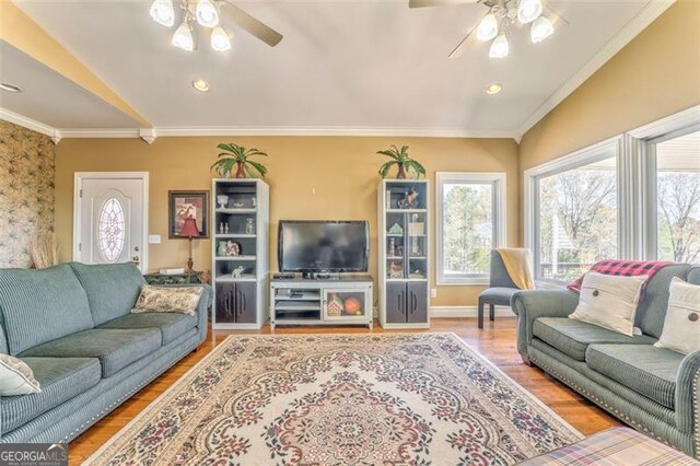 300 Ellis Rd, Rome, GA 30161 - living area featuring baseboards, ornamental molding, wood finished floors, and a ceiling fan