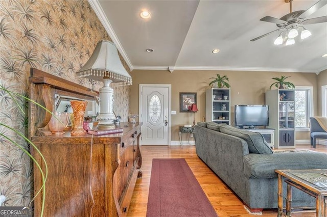 300 Ellis Rd, Rome, GA 30161 - living room with light wood-style floors, crown molding, baseboards, and ceiling fan