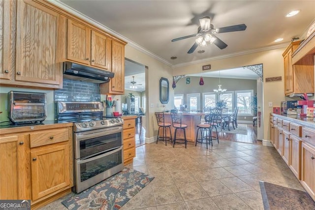 300 Ellis Rd, Rome, GA 30161 - kitchen featuring backsplash, a ceiling fan, double oven range, under cabinet range hood, and ornamental molding