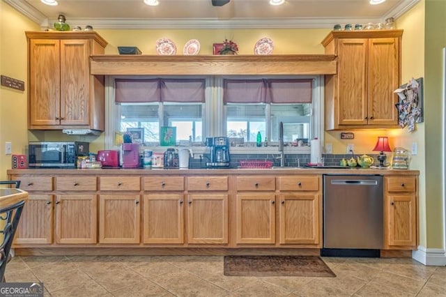 300 Ellis Rd, Rome, GA 30161 - kitchen featuring light tile patterned flooring, crown molding, a sink, appliances with stainless steel finishes, and recessed lighting