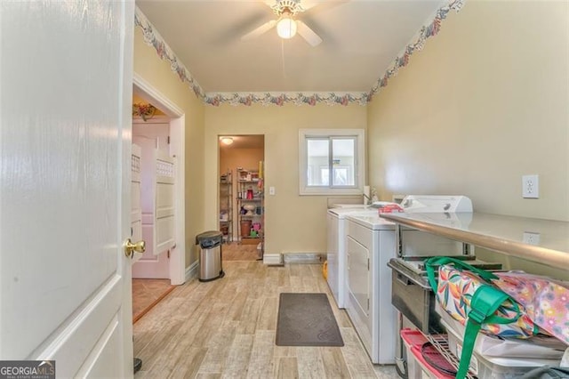 300 Ellis Rd, Rome, GA 30161 - laundry area with baseboards, ceiling fan, laundry area, light wood-type flooring, and separate washer and dryer