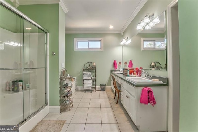 300 Ellis Rd, Rome, GA 30161 - bathroom featuring baseboards, ornamental molding, vanity, a shower with door, and tile patterned flooring
