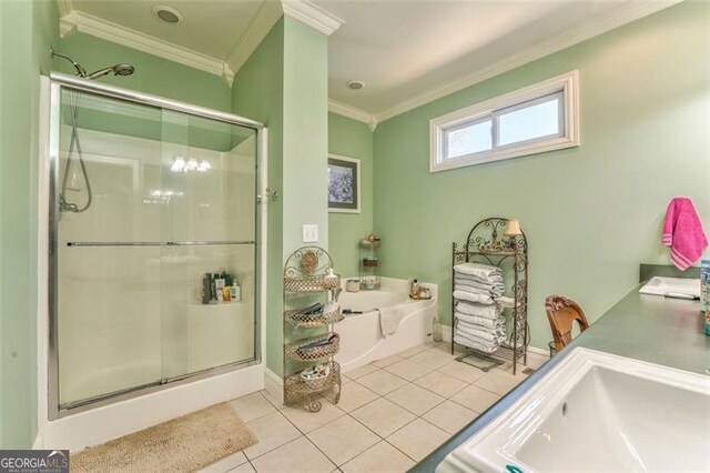 300 Ellis Rd, Rome, GA 30161 - bathroom featuring tile patterned floors, a bath, ornamental molding, and a shower stall