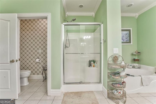 300 Ellis Rd, Rome, GA 30161 - bathroom with tile patterned flooring, toilet, crown molding, and a shower stall