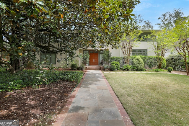 obstructed view of property with a front yard and stucco siding