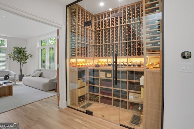 wine cellar featuring wood finished floors and a wealth of natural light