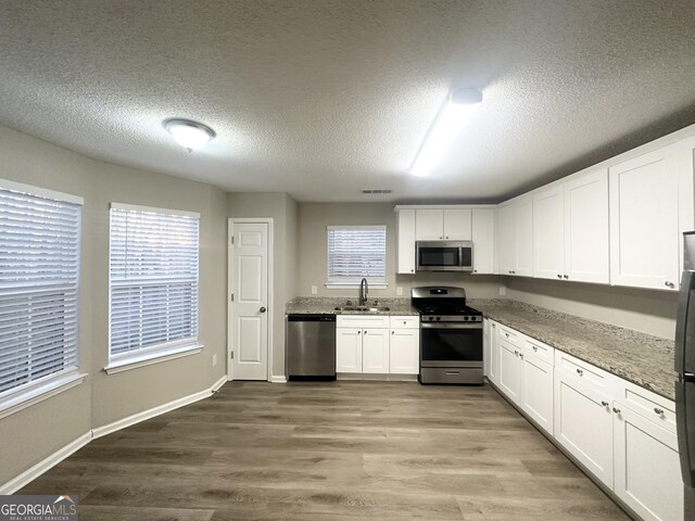 kitchen featuring white cabinets, a sink, stainless steel appliances, and wood finished floors