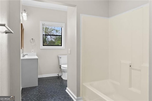 full bathroom featuring toilet, tile patterned floors, baseboards, and vanity