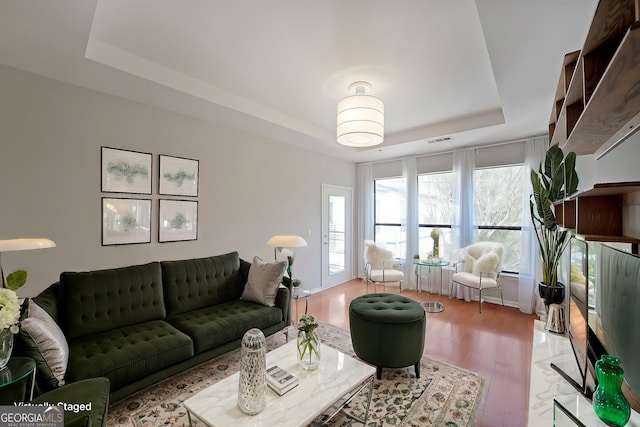 821 Ralph Mcgill Blvd NE Unit 3337, Atlanta, GA 30306 - living area with a tray ceiling, light wood-style floors, and visible vents