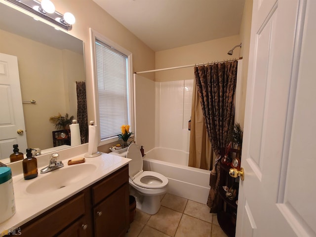 bathroom with shower / tub combo with curtain, toilet, tile patterned flooring, and vanity