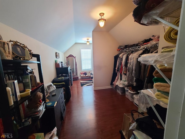 walk in closet with dark wood finished floors and lofted ceiling