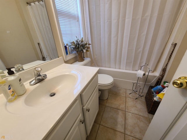 full bathroom featuring shower / tub combo with curtain, toilet, tile patterned floors, and vanity