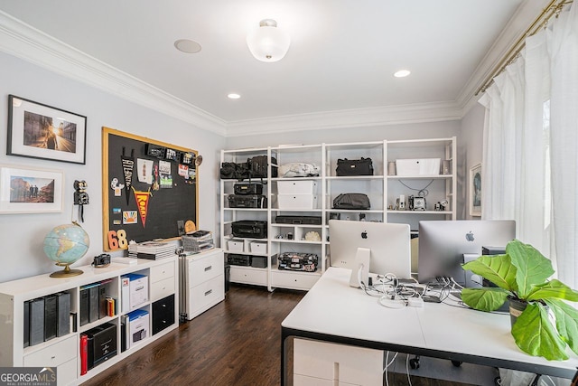 office with ornamental molding, recessed lighting, and dark wood-style floors
