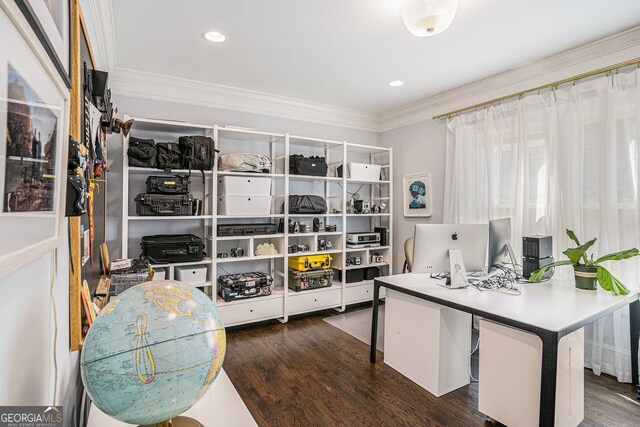 office featuring crown molding, recessed lighting, and wood finished floors