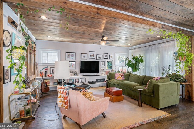 living room featuring wood ceiling, wood finished floors, ceiling fan, and recessed lighting