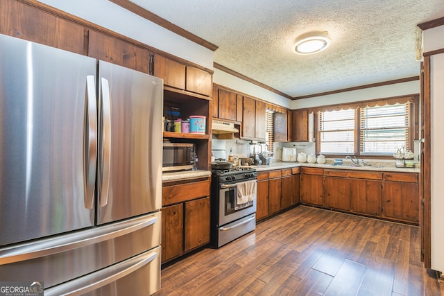 310 Austin Rd, Newnan, GA 30263 - kitchen with stainless steel appliances, ornamental molding, a textured ceiling, a sink, and light countertops