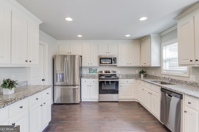 kitchen featuring dark wood finished floors, recessed lighting, a sink, and stainless steel appliances
