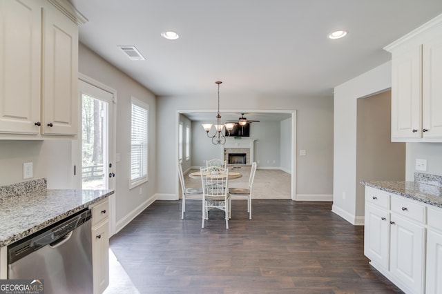 kitchen featuring white cabinetry, recessed lighting, dark wood-style floors, visible vents, and dishwasher