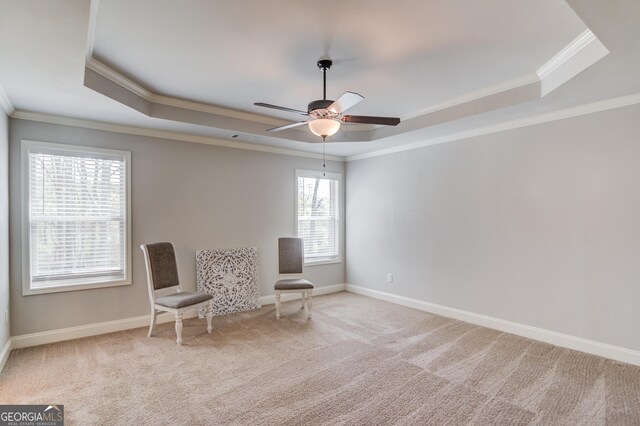 unfurnished room featuring a tray ceiling, ceiling fan, and carpet floors