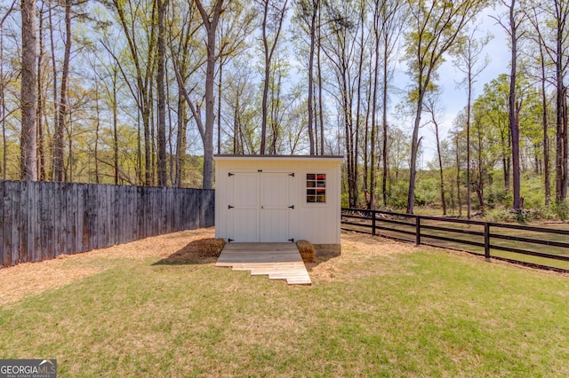 view of shed with a fenced backyard