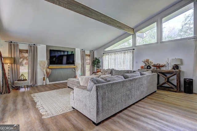 living area featuring beamed ceiling, wood finished floors, and high vaulted ceiling