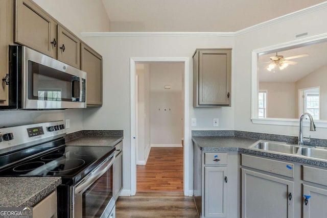 kitchen with dark countertops, a sink, stainless steel appliances, and light wood finished floors