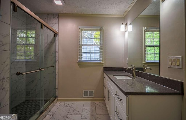 2048 Kelvin Dr, Lawrenceville, GA 30043 - full bathroom with marble finish floors, vanity, plenty of natural light, a shower stall, and ornamental molding