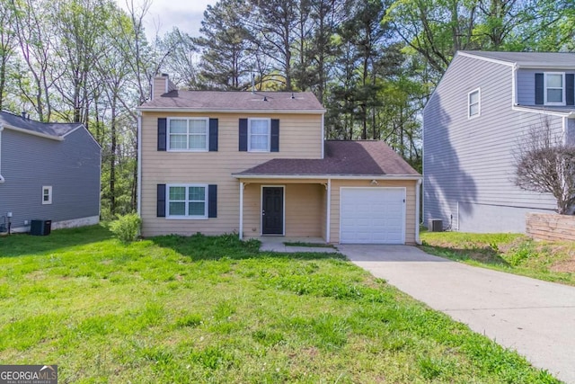 traditional home with concrete driveway, a front lawn, a garage, central AC, and a chimney