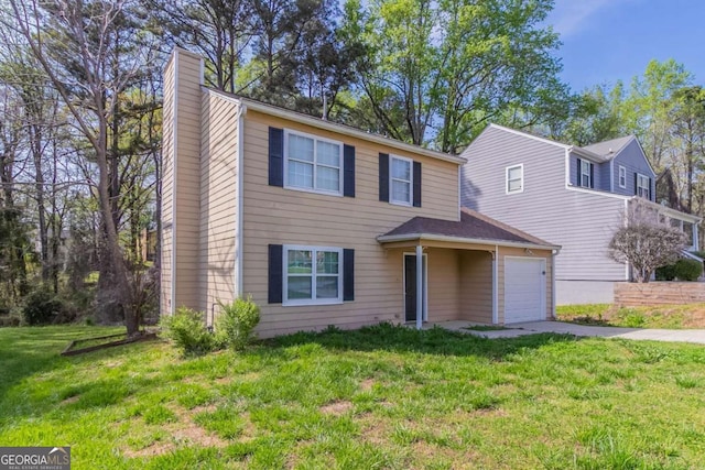 view of front of property with a front lawn, a chimney, a garage, and concrete driveway