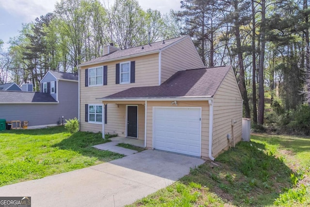 2030 Hilda Burns Pl, Lithonia, GA 30058 - traditional-style house with a garage, a chimney, a front yard, concrete driveway, and a shingled roof