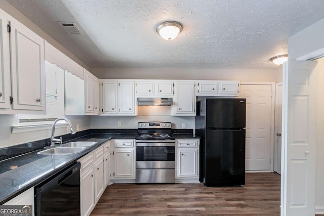 kitchen featuring black appliances, under cabinet range hood, a sink, and dark wood-style flooring