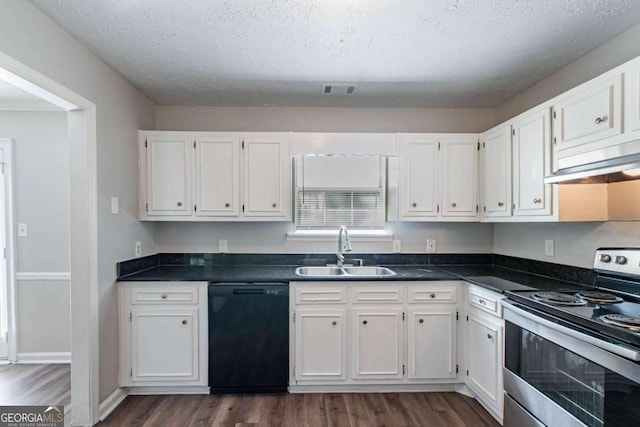 kitchen with white cabinets, a sink, black dishwasher, and stainless steel electric stove