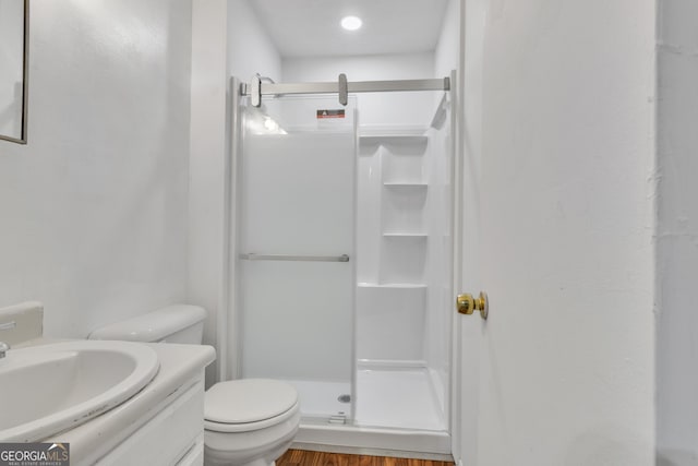 bathroom with toilet, a shower stall, wood finished floors, and vanity