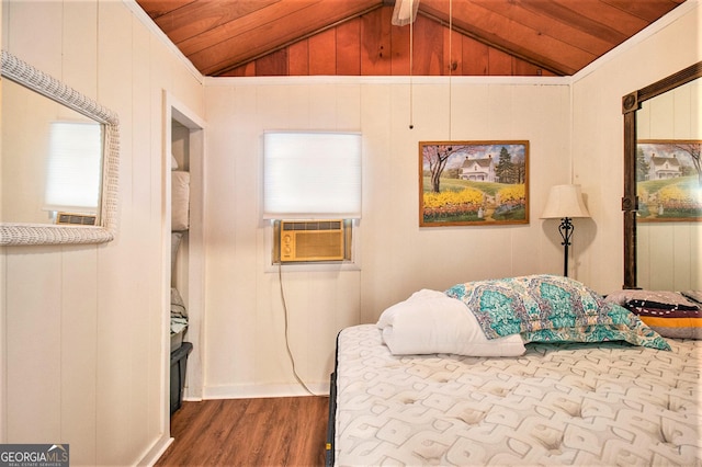 bedroom featuring wooden ceiling, cooling unit, vaulted ceiling, wood finished floors, and wood walls
