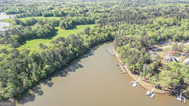 bird's eye view featuring a wooded view and a water view