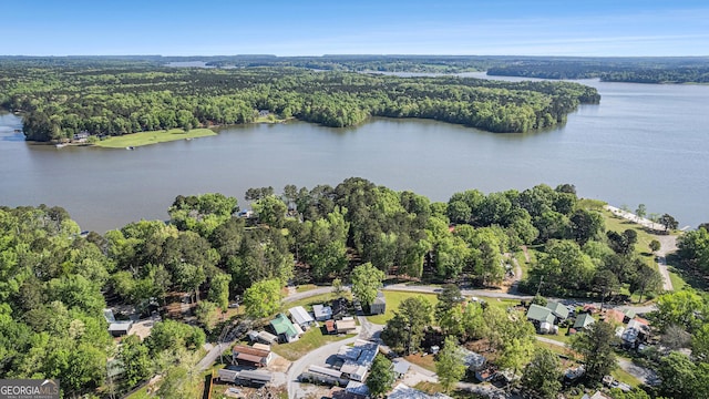 aerial view featuring a water view and a wooded view