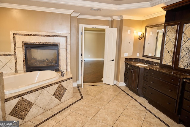 full bath featuring crown molding, a bath, visible vents, and tile patterned flooring