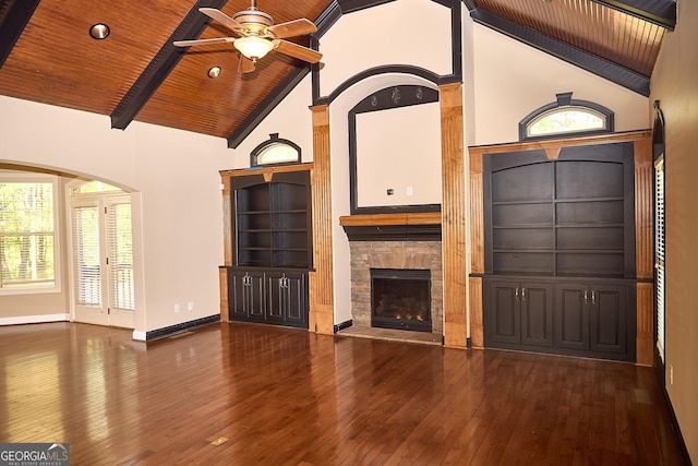 unfurnished living room with wood ceiling, ceiling fan, high vaulted ceiling, and hardwood / wood-style floors