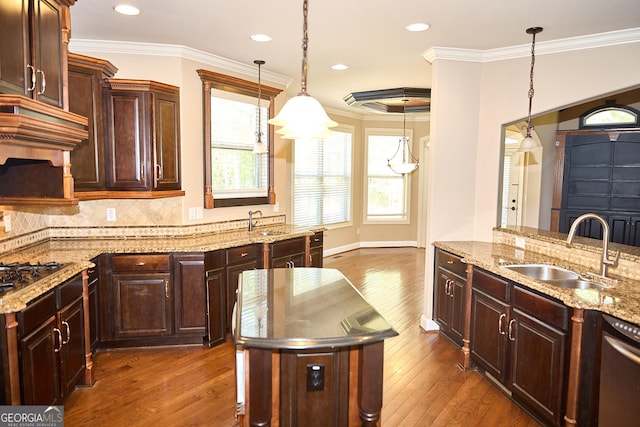 kitchen with backsplash, appliances with stainless steel finishes, a sink, and dark wood finished floors