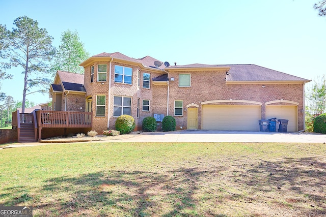 traditional home featuring a wooden deck, concrete driveway, a front lawn, and brick siding