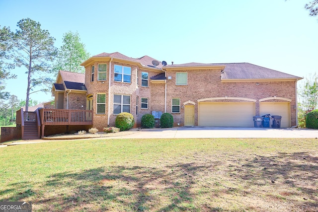 view of front of property with driveway, a deck, stairway, brick siding, and a front lawn