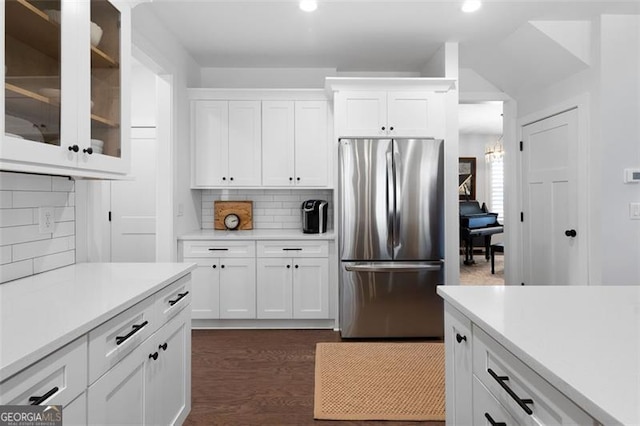 9 Grove Pointe Way, Cartersville, GA 30120 - kitchen featuring freestanding refrigerator, backsplash, light countertops, and recessed lighting