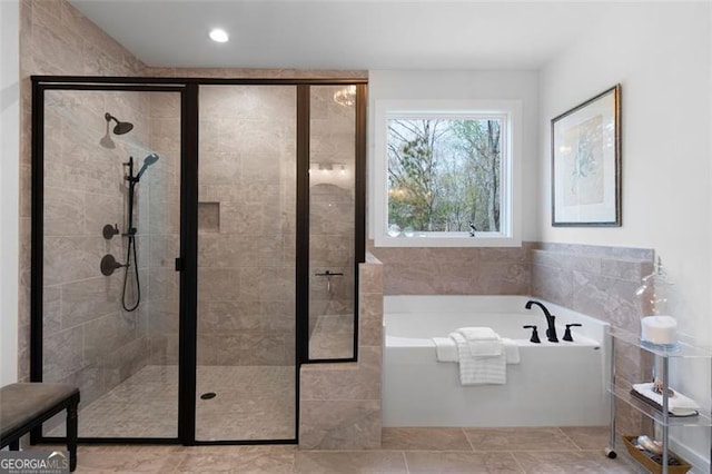 9 Grove Pointe Way, Cartersville, GA 30120 - bathroom with a bath, a shower stall, tile patterned flooring, and recessed lighting