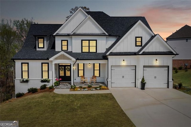 9 Grove Pointe Way, Cartersville, GA 30120 - modern inspired farmhouse with concrete driveway, a porch, board and batten siding, a lawn, and a garage