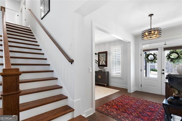 9 Grove Pointe Way, Cartersville, GA 30120 - foyer entrance featuring stairs, baseboards, wood finished floors, and a chandelier