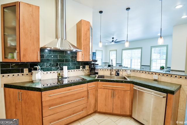 412 Trilium Trl, Pendergrass, GA 30567 - kitchen featuring dishwasher, a peninsula, a sink, wall chimney exhaust hood, and black electric cooktop