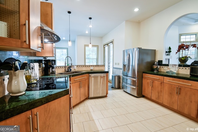 412 Trilium Trl, Pendergrass, GA 30567 - kitchen featuring stainless steel appliances, a sink, arched walkways, ventilation hood, and tasteful backsplash