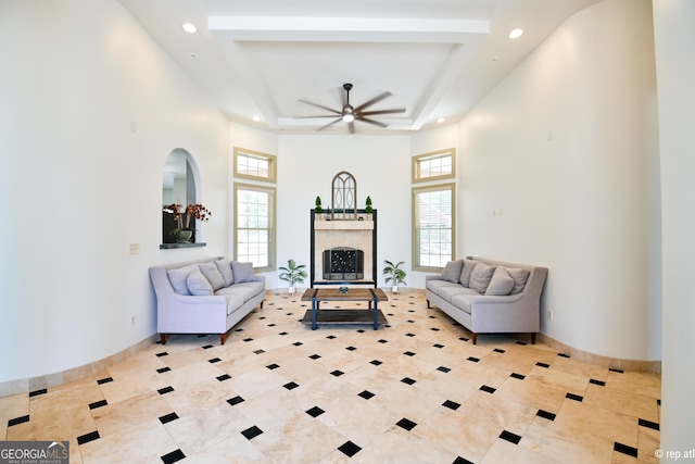 412 Trilium Trl, Pendergrass, GA 30567 - living room featuring recessed lighting, tile patterned flooring, ceiling fan, a high ceiling, and baseboards