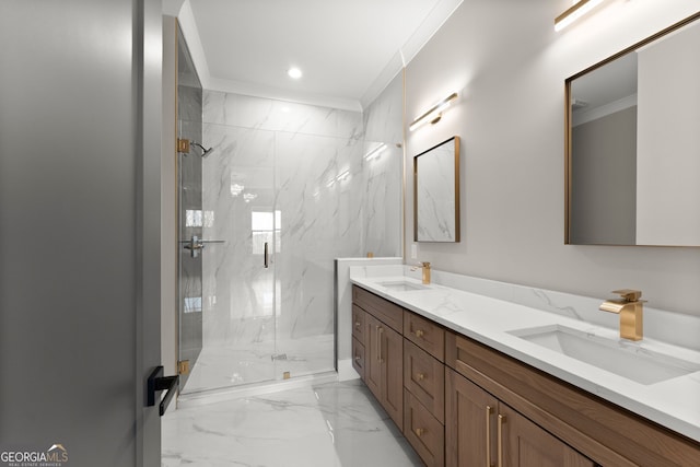 full bath with crown molding, a sink, a marble finish shower, marble finish floor, and double vanity