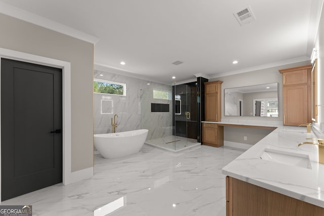 bathroom with marble finish floor, a sink, a wealth of natural light, and visible vents